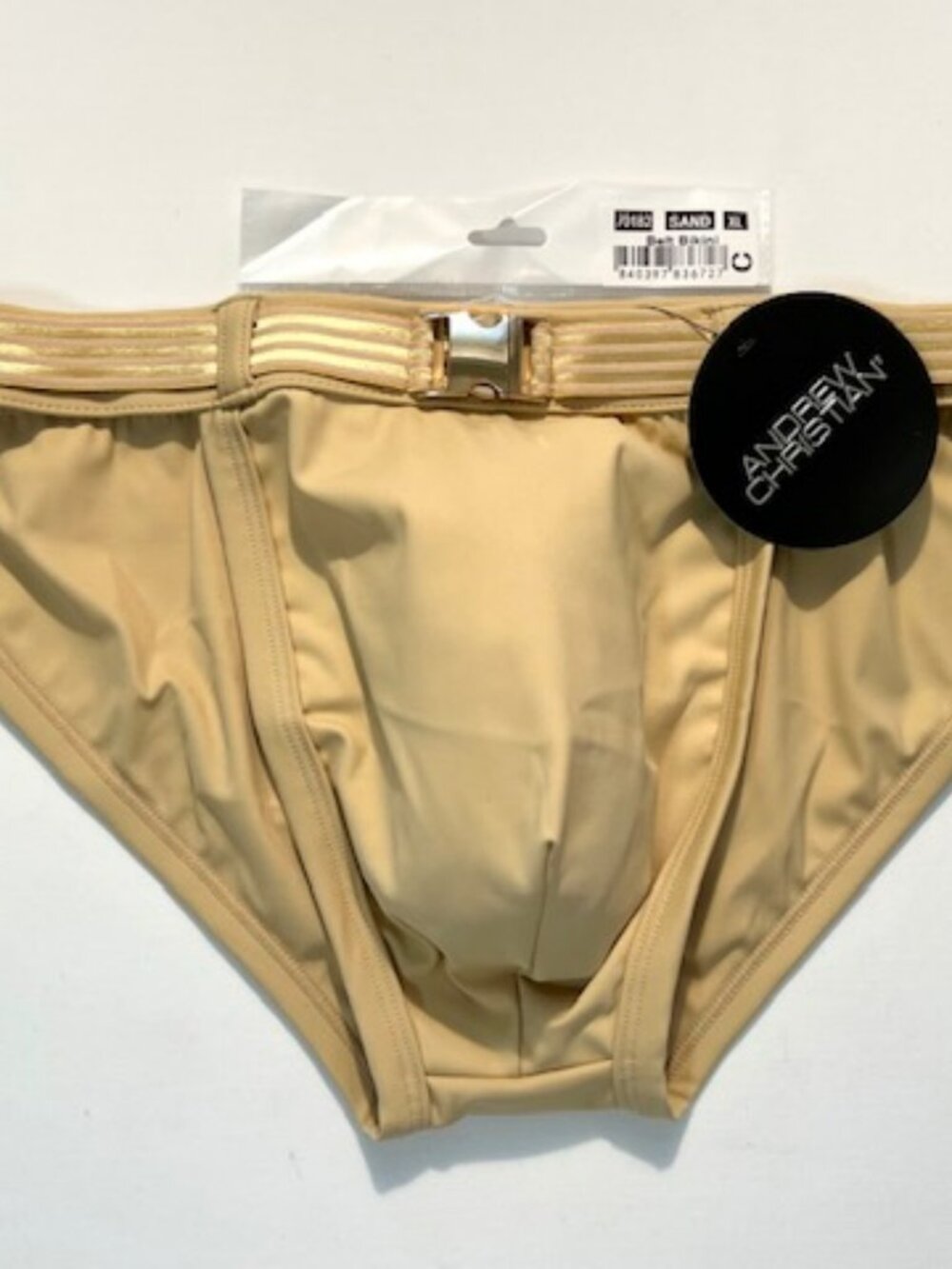 Andrew Christian Size L Solid Swim Bikini w/Striped Belt + Buckle - Sand/Gold